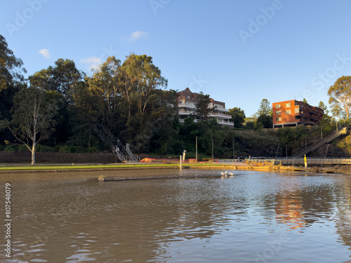 residential appartments on Parramatta River at Sunset with colourful skies Sydney NSW Australia