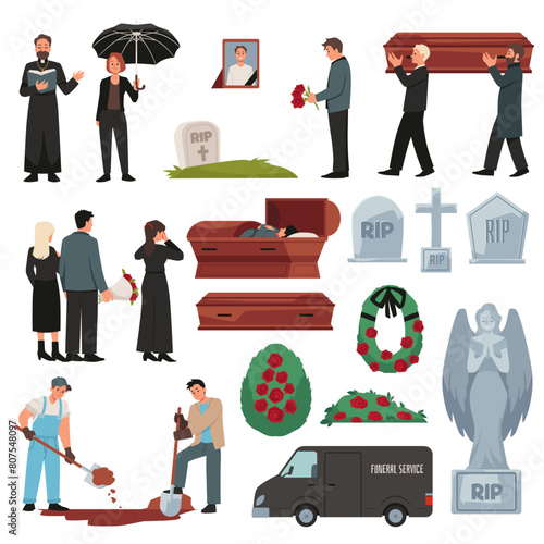 Funeral cemetery ceremony vector illustration set, grave, coffin and mourning people, priest, funeral car burial service