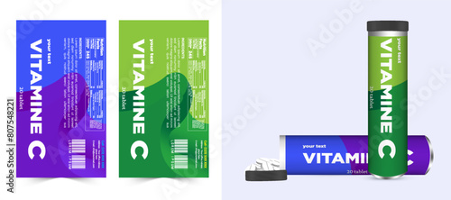 Multi vitamin label sticker design and natural calcium food supplement banner packaging, capsule or tablet bottle jar label vitamin oil product print ready vector modern box with mockup.