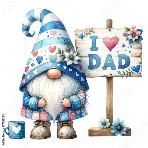 A cute cartoon gnome wearing a blue hat and holding a sign that says "I love Dad". Perfect for Father's Day!