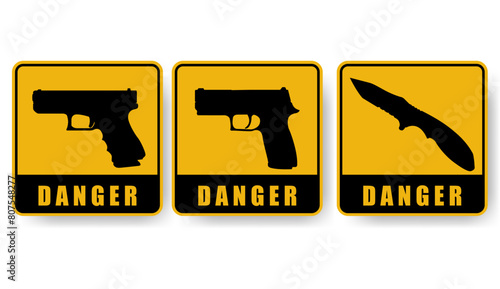 Sign warning of danger from firearms and knives. photo