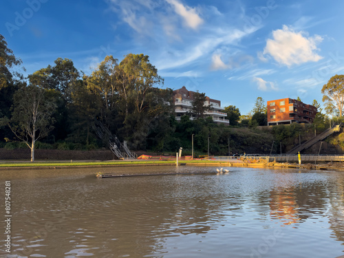 residential appartments on Parramatta River at Sunset with colourful skies Sydney NSW Australia