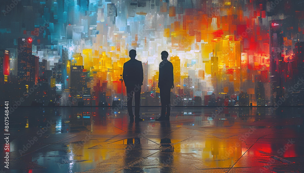 silhouette two businessmen in building background, drawing art silhouette two businessmen in building background, drawing art