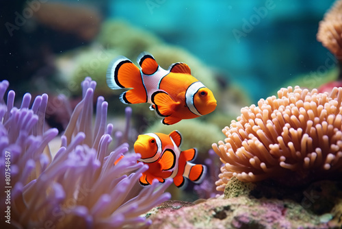 Colorful clownfish swim among anemones on a vibrant coral reef