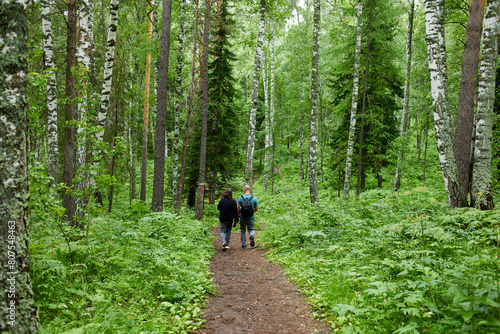 Summer forest landscape. Tourists travel on foot along a forest path  summer outdoor activities  hiking.