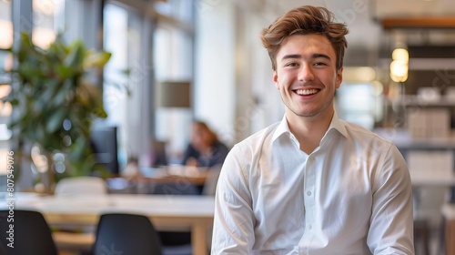 Young professional smiling confidently in an office environment photo