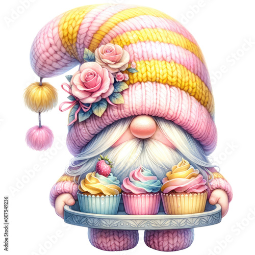 A cute cartoon gnome wearing a pink and yellow striped hat and holding a plate of cupcakes.