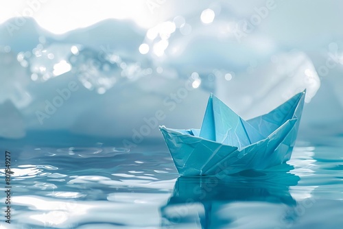Abstract concept of a paper boat among icebergs, representing market navigation