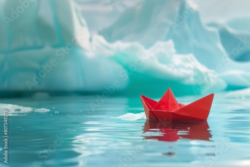 Abstract concept of a paper boat among icebergs, representing market navigation photo