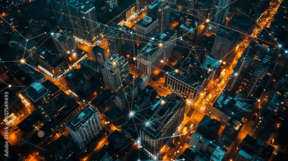 Aerial view of a city illuminated with digital connectivity lines and nodes, symbolizing a networked smart city Aerial view of a city illuminated with digital connectivity lines and nodes, symbolizing a networked smart city