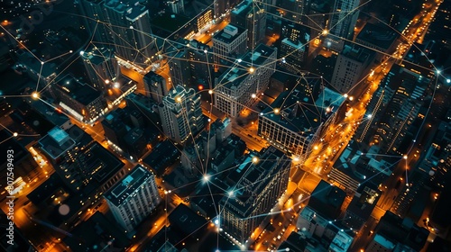 Aerial view of a city illuminated with digital connectivity lines and nodes, symbolizing a networked smart city