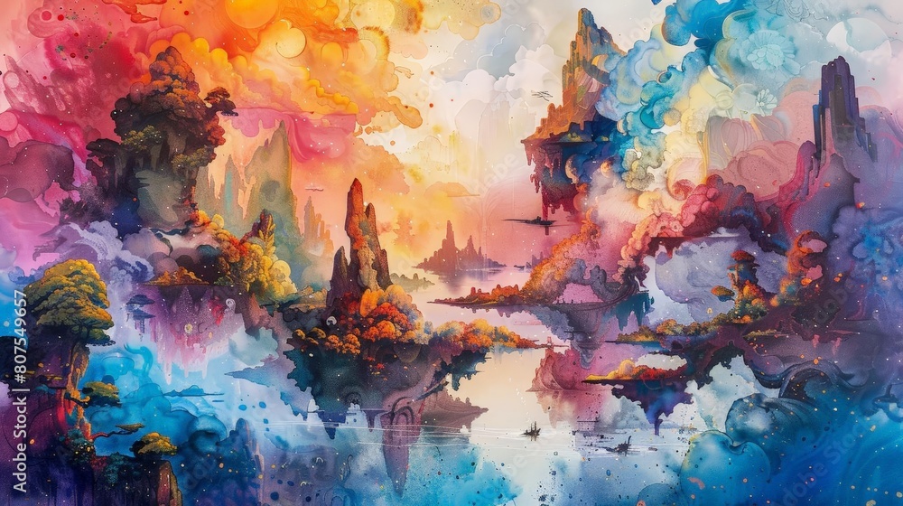 dreamscape featuring a vibrant yellow tree and a serene blue water, with a flying bird adding to the enchanting ambiance dreamscape featuring a vibrant yellow tree and a serene blue water, with a flying bird adding to the enchanting ambiance