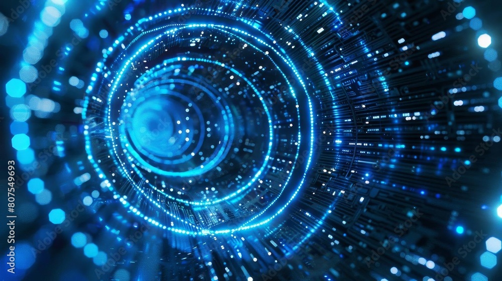 Obraz premium Bright blue light tracing a circular pattern, symbolizing cycles in technology processes