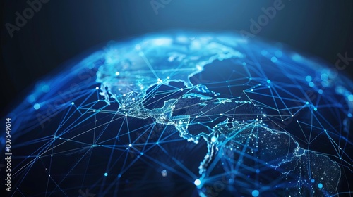 Blue network mesh covering the globe, indicating global connectivity and internet infrastructure photo