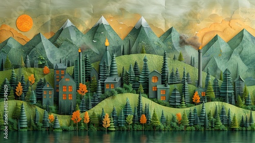 Artistic representation of a layered paper-cut landscape featuring mountains  forests  a lake  and houses under a golden sun.