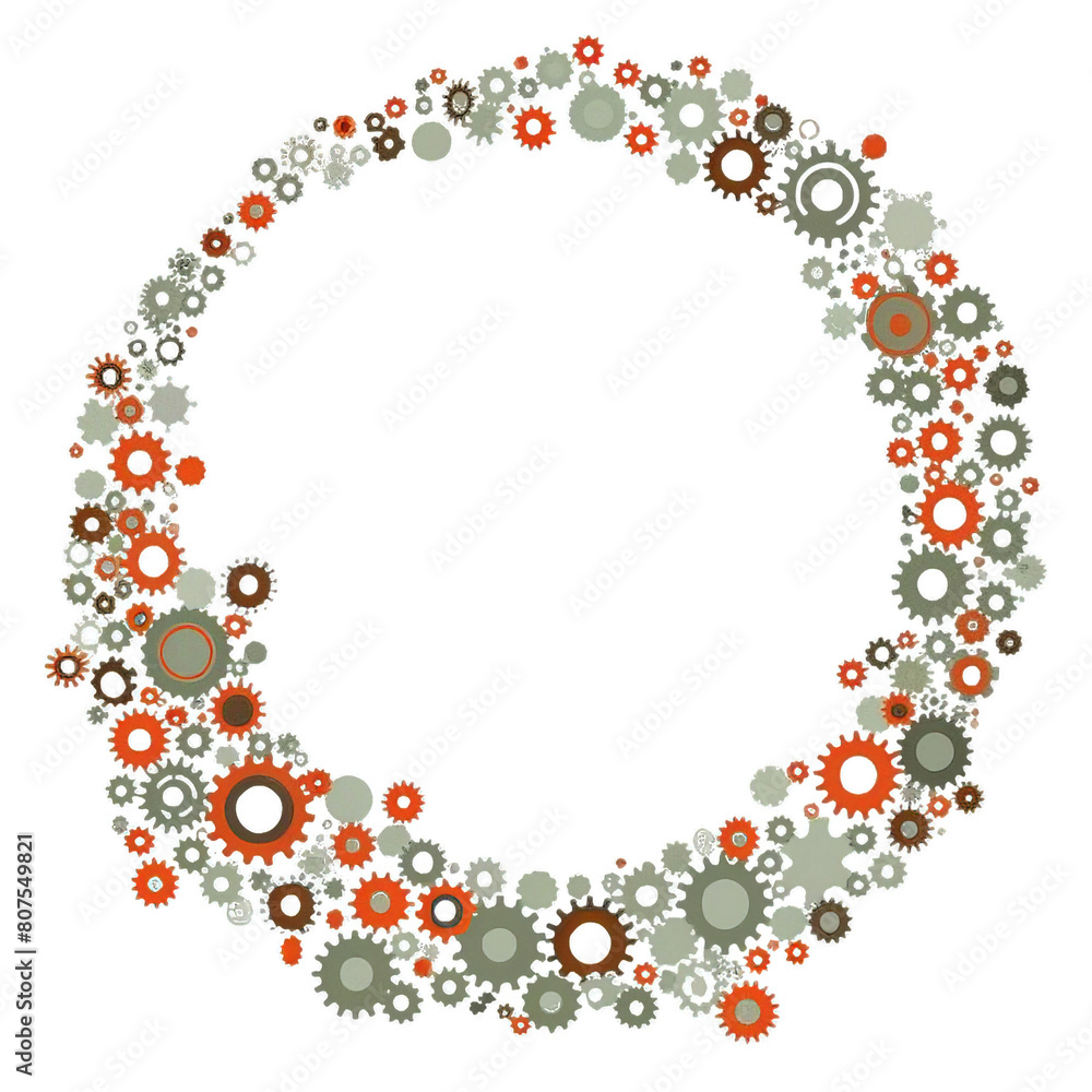 Circular arrangement of various gears and cogs in shades of gray, brown, and green, symbolizing mechanics and engineering concepts Circular arrangement of various gears and cogs in shades of gray, brown, and green, symbolizing mechanics and engineering concepts