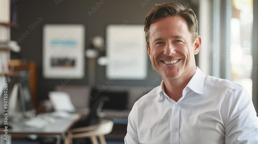 Businessman in casual attire smiling in an office Businessman in casual attire smiling in an office