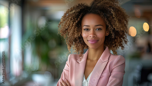 portrait of an attractive young business woman smiling in the office  with curly hair and a pink blazer. Created with Ai