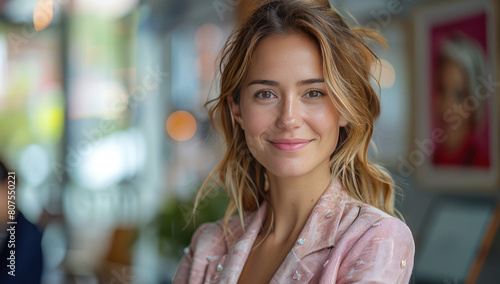 Portrait of an attractive mixed race business woman smiling in the office, wearing a pink blazer and curly hair. Created with Ai