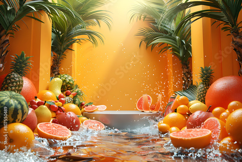 .Empty stylish podium 3D mockup background for beauty product presentation concept. Summer copy space platform surrounded by palm leaves . Cosmetics, perfume or home goods sales advertising stand.