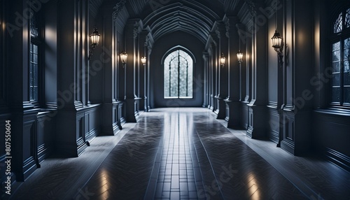 Dark empty scary room, rays of light from the window, dark corridor,cathedral, interior, column, old, medieval, europe, ancient, cloister, abbey