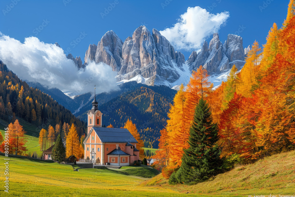 An image of the majestic Dolomites in Italy, with their snowcapped peaks towering over autumn-colored trees and a small church nestled among them. Created with Ai