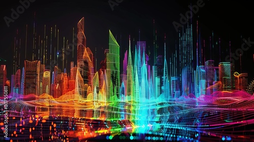 Colorful data wave patterns demonstrating the flow of information through a futuristic cityscape