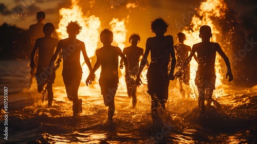 A group of children running playfully towards a bonfire on the beach during sunset  embodying carefree summer joy and the warmth of friendship in a golden-hued  dynamic scene.