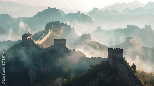 Great Wall of China, snaking through misty mountains, early morning light, majestic and awe-inspiring. Generative AI illustration  photo