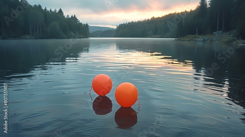 Two bright orange balloons floating on a calm lake during sunset.