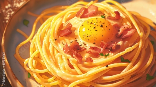 plate of creamy carbonara pasta, featuring spaghetti coated in a rich egg yolk and cheese sauce, topped with crispy pancetta and black pepper.   photo