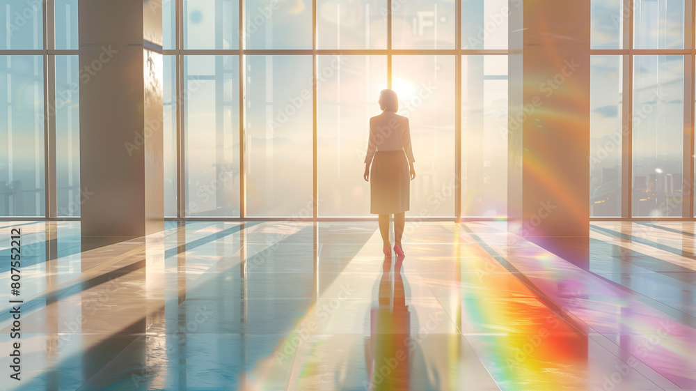 Fototapeta premium Woman Contemplating Future in Sunlit Office with Rainbow Reflections..