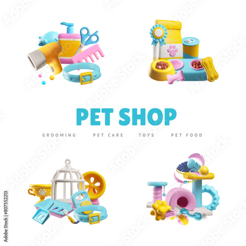 Vector poster on a white background with elements of a 3D pet store and grooming