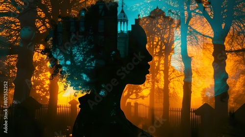 Soul Broker, enigmatic figure, deals in ethereal currency, standing at the crossroads of the living and the departed Photography, Silhouette Lighting, Double Exposure, Macro shot