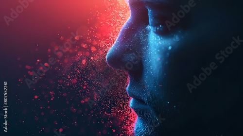 Portrait of a man with a face highlighted in blue and red lighting, surrounded by a sparkling cloud of particles