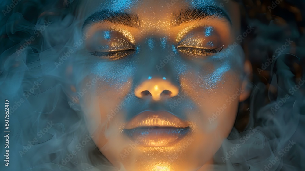 A close-up of a woman's serene face with metallic blue light reflecting off her skin amidst mist and smoke A close-up of a woman's serene face with metallic blue light reflecting off her skin amidst mist and smoke