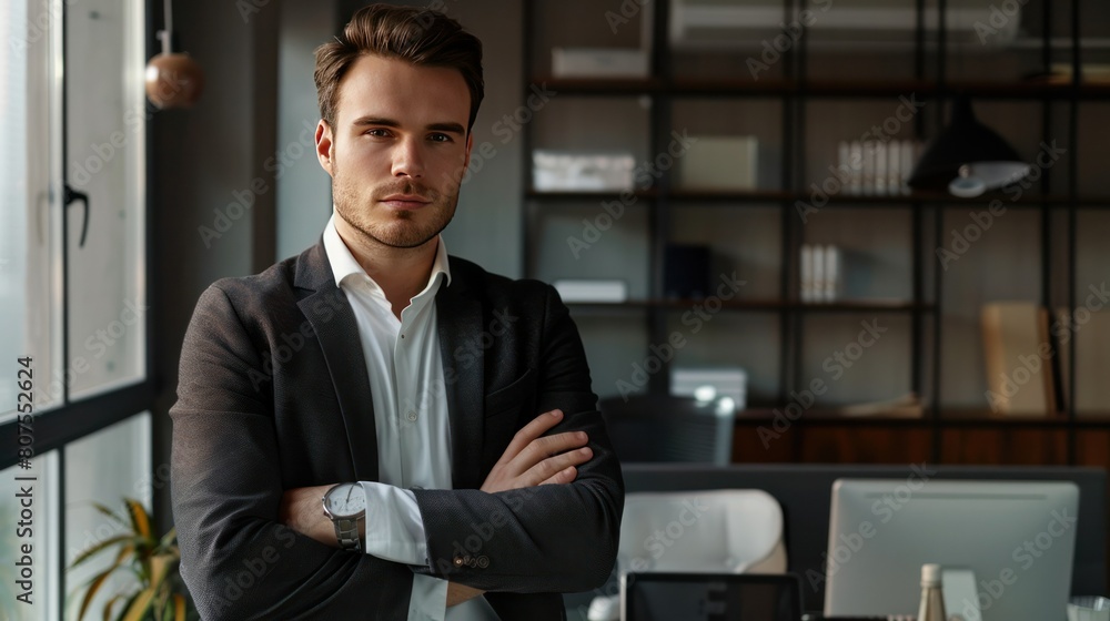 confident businessman with a sharp stare, leaning against a desk in a well-lit office in the most popular stock photo company. confident businessman with a sharp stare, leaning against a desk in a well-lit office in the most popular stock photo company.