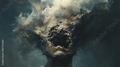 Abstract silhouette of a head made of clouds with a hollow center, evoking surrealism and mystery