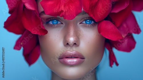 Vibrant close-up portrait of a woman with striking blue eyes and a crown of red petals, capturing beauty and confidence.