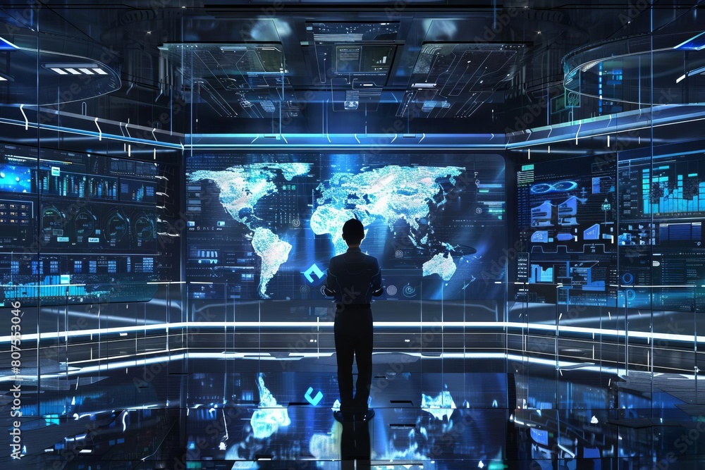 Futuristic data management being observed by a professional in a control center Futuristic data management being observed by a professional in a control center