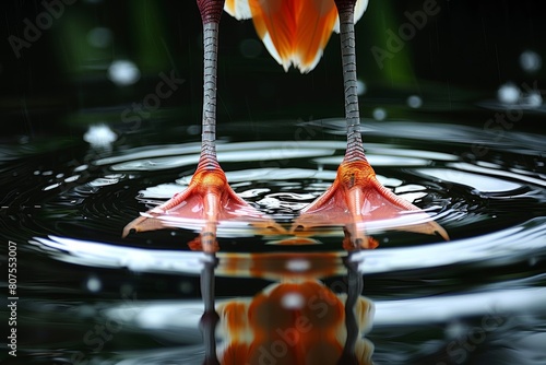 Close up of flamingo s intricate webbed feet in serene pond, leaving elegant ripples in the water