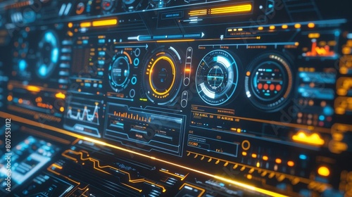 Futuristic control panel interface, demonstrating complex data management in real time photo