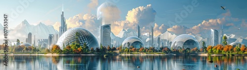 Digital Art Representation of a Modern City with Futuristic Geodesic Dome Architecture 