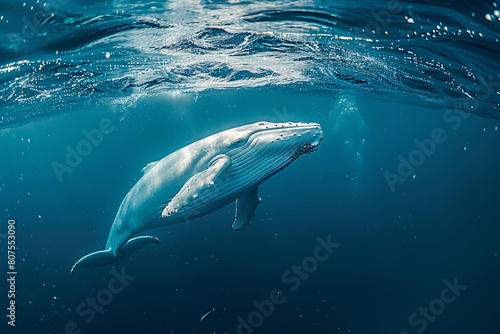 migaloo white whale on the sea underwater background
