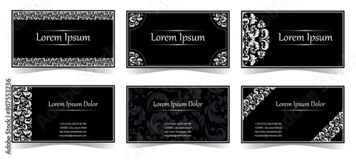 Collection of name cards. Set of floral vector black and white greeting cards