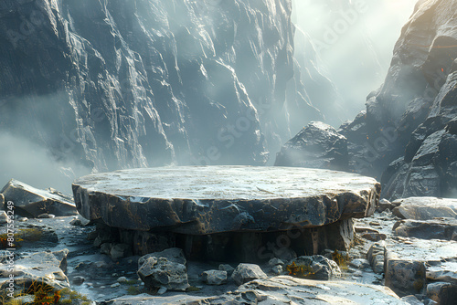Empty stylish dark menly stone podium 3D mockup background, beauty product presentation concept. Copy space platform surrounded by rocks mountains fog fire . Cosmetics, perfume sales advertising stand