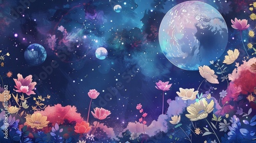 galactic garden featuring a variety of colorful flowers, including pink, white, yellow, and purple blooms, as well as a large white balloon © YOGI C