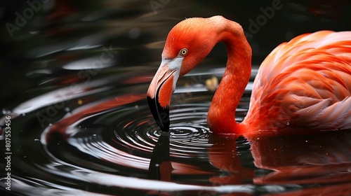 Flamingo s intricate webbed feet wading in calm pond, patterns highlighted in water photo