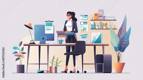 A professional woman standing in her office, looking at her computer. She is wearing a suit and glasses. There are plants and a bookshelf in the background.