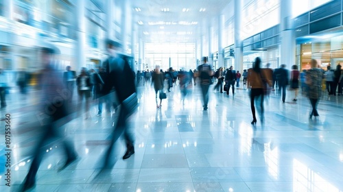 Highspeed, blurred movement of people in a busy corporate hallway, symbolizing the fast pace of business